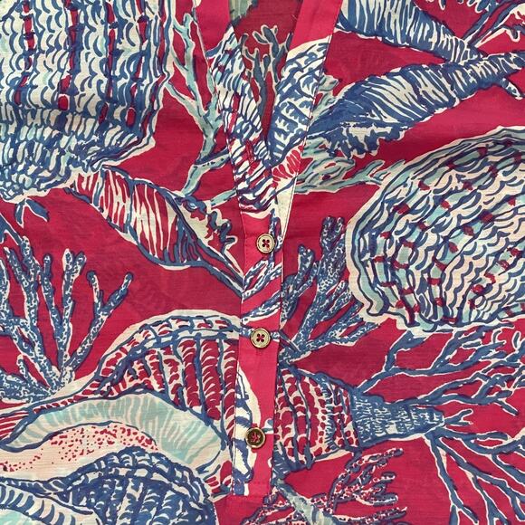 Talbots Coverup XS Pink Blue Shell Print Sheer Beach Blouse - Picture 4 of 9